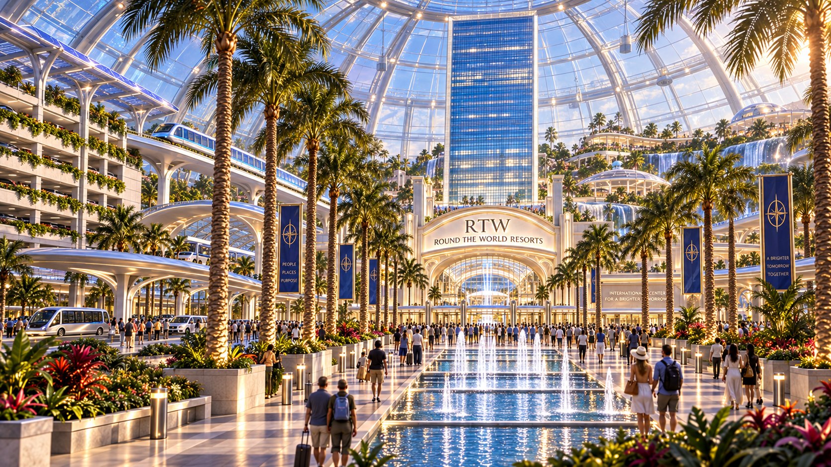 Concept illustration of the domed resort entrance and central International Center