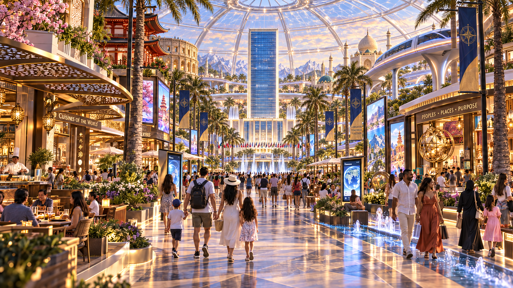 Concept illustration of international dining and a lively pedestrian promenade beneath the resort dome
